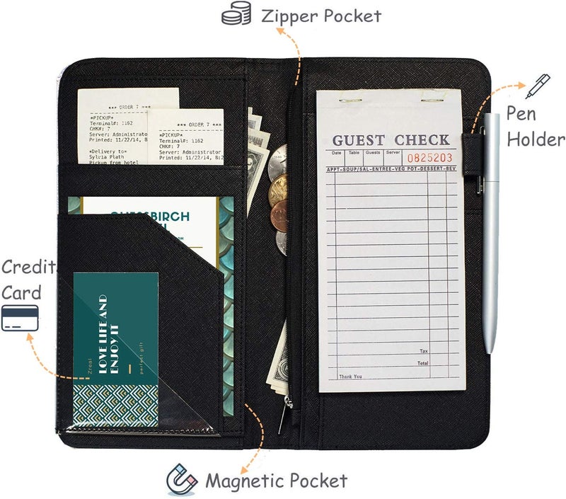 Zreal Server Book With Zipper Pocket, 5 X 9 Waitress Book, Magnetic Closure Pocket, Big Volume, Guest Check With Pen Holder for Waiter Server Wallet Fit Waitress Apron (Black) - Image 3